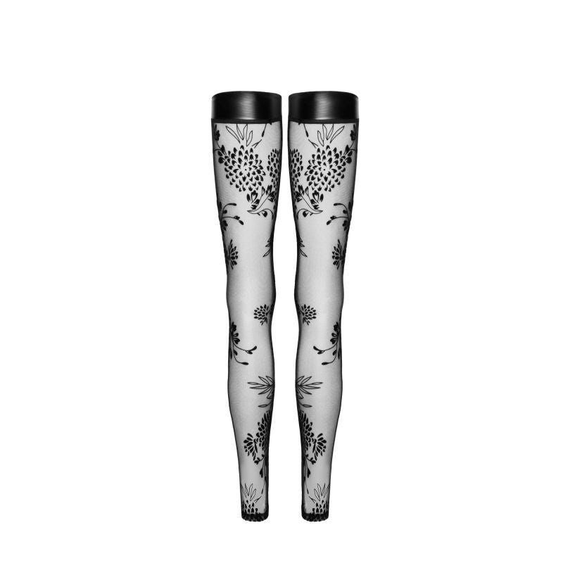 Noir Tulle Stockings W Patterned Flock Embroidery & Power Wetlook Band - Black - Small