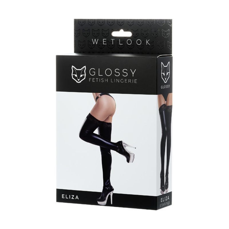 Mapale Glossy Wetlook Stockings Lace Insert Eliza - Black - Large