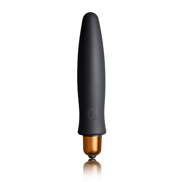 Black and bronze vibrator for self love, self care and health on a white background