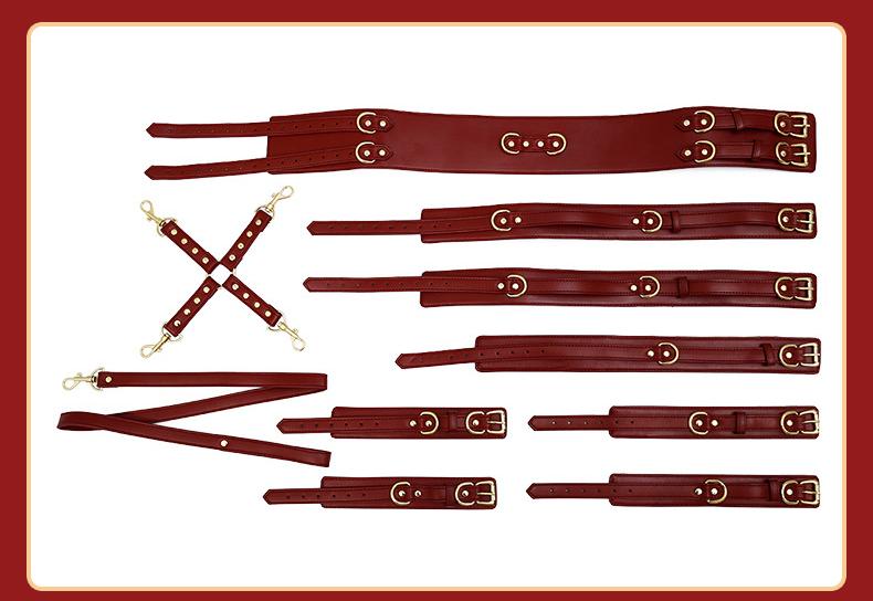 Full Body PU Leather Bondage Restraint Set with Collar, Leash, Cuffs & Harness - Adjustable Adult Play(Pink)