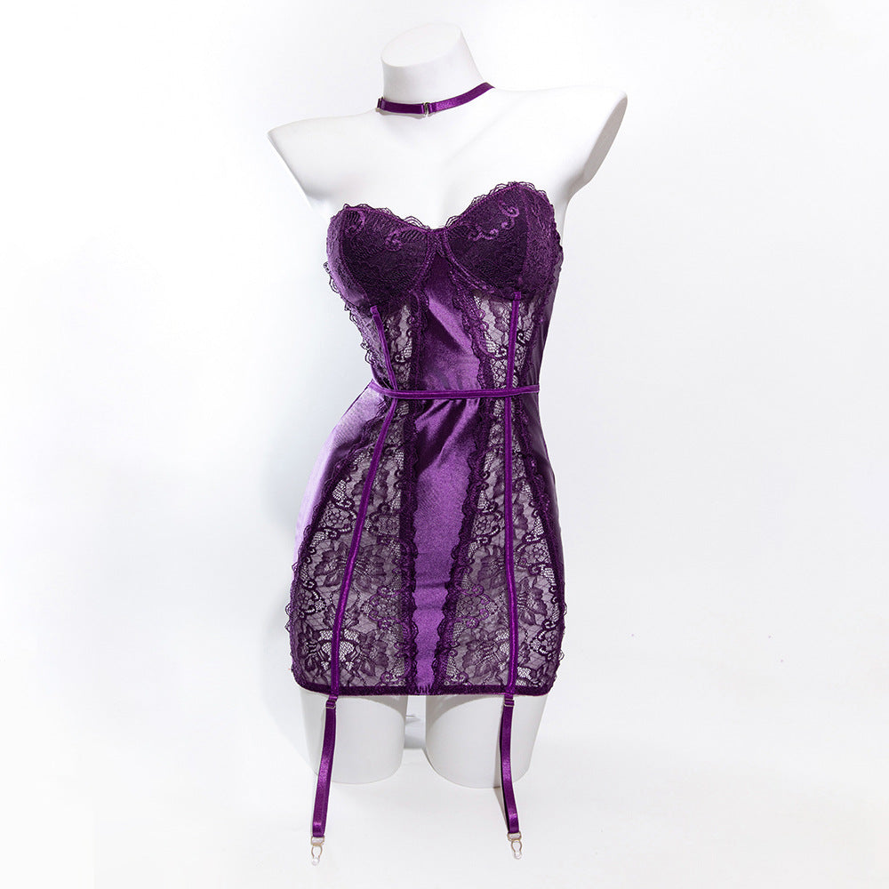 Size L Seductive Purple Lace & Satin Corset Lingerie Dress - Strapless Bustier with Halter Neck & Garters