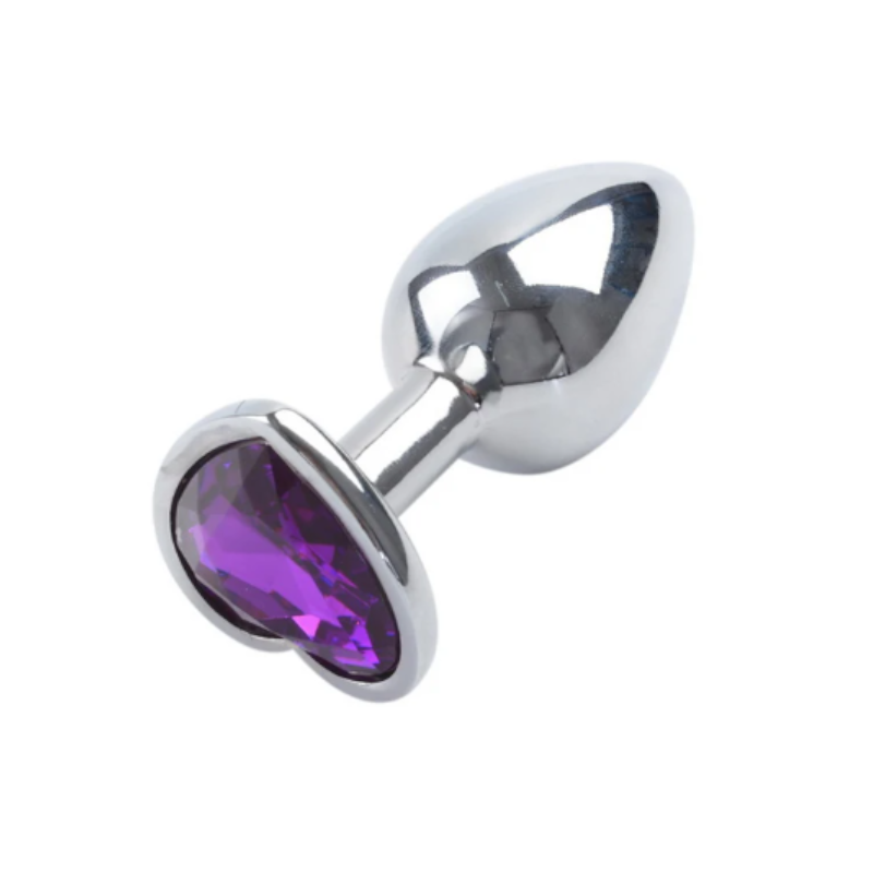 Metal Silver Anal Plug W Purple Heart Crystal Small