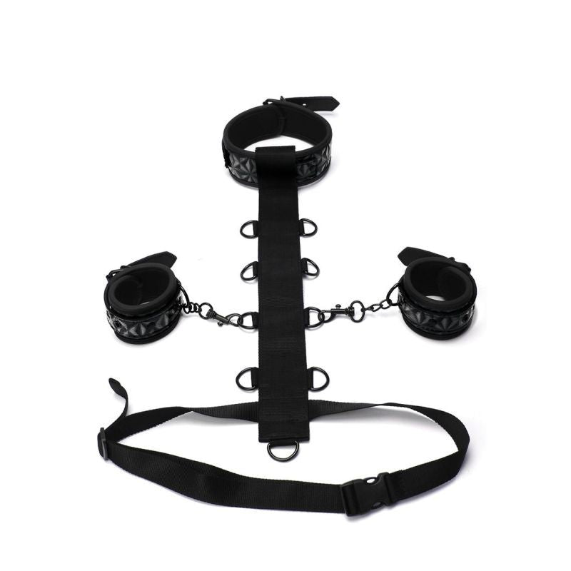 Whip Smart Diamond Body Restraint Choker Style Collar Rings Padded Wrist Cuffs 3 Pc Set - Black