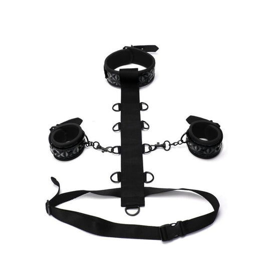 Whip Smart Diamond Body Restraint Choker Style Collar Rings Padded Wrist Cuffs 3 Pc Set - Black