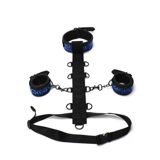 Whip Smart Diamond Body Restraint Choker Style Collar Rings Padded Wrist Cuffs 3 Pc Set - Blue