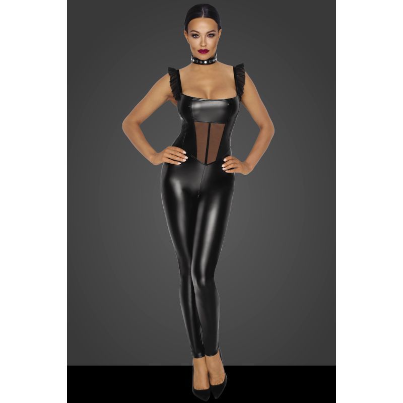 Noir Power Wetlook Overall With Tulle Panel Black