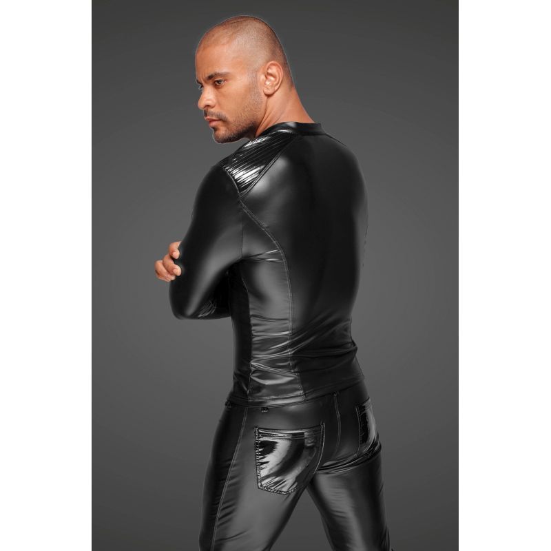 Noir Power Wetlook Mens Jacket Pleated Pvc Epaulets Black