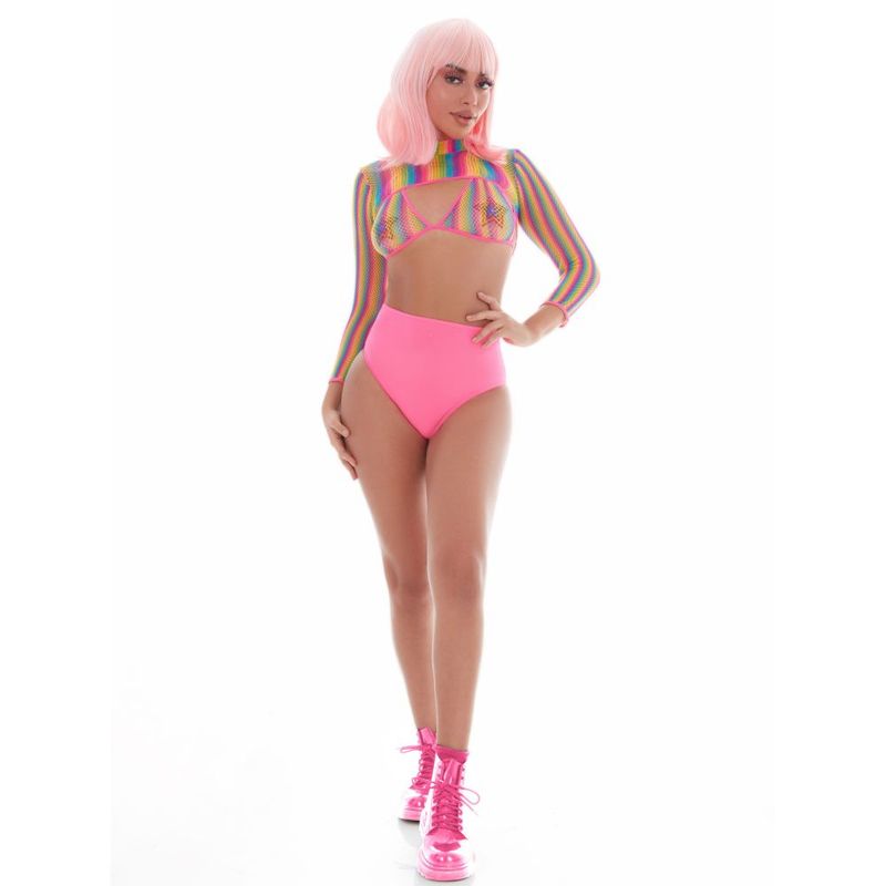 Pink Lipstick Rainbow Shrug Bikini Top Hot Pants Net Set Includes Pasties One Size