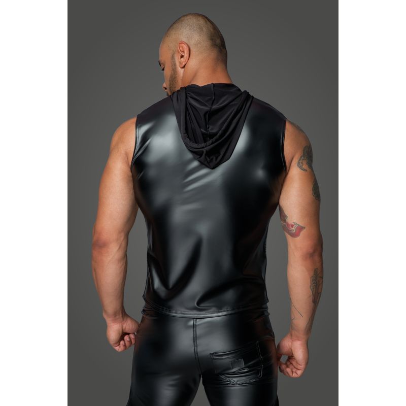 Noir Powerwetlook Sleeveless Hooded Shirt w 2 Way Zipper