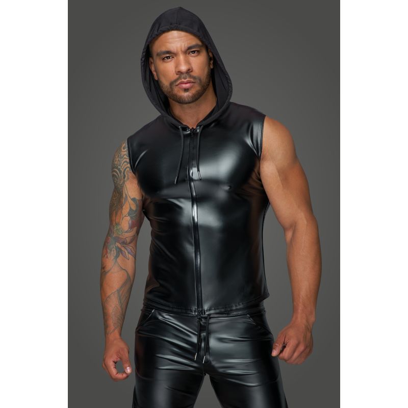 Noir Powerwetlook Sleeveless Hooded Shirt w 2 Way Zipper