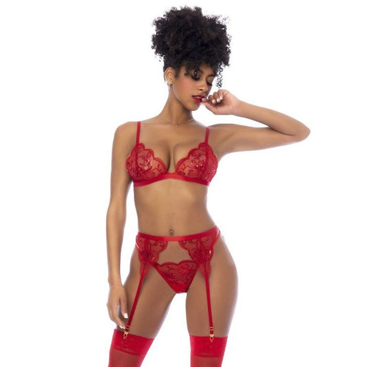 Obsessive Red 3 Pc Set w/ Bralette Garter Belt and Thong