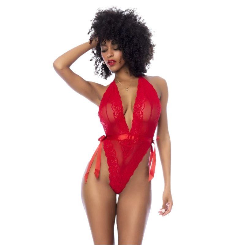 Obsessive Red Lace Bodysuit with Side Ties