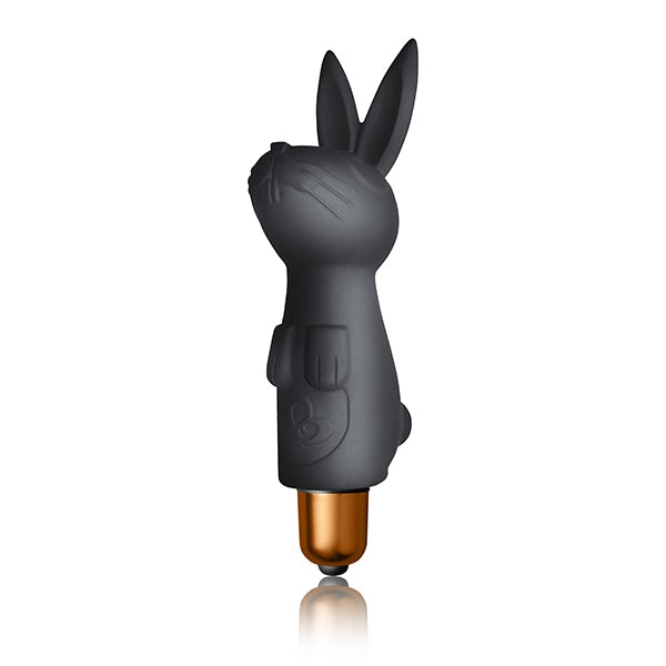 Black rabbit-shaped vibrator self love, self care health tool with a metallic tip on a white background
