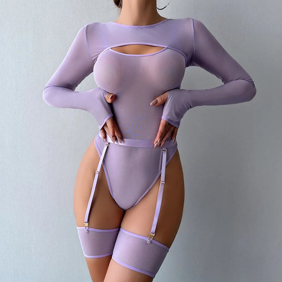 Transparent Bodysuit - Open Crotch Teddy Nightgown For Women | Light Purple | Medium