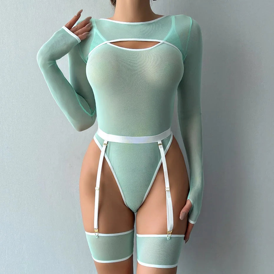 Transparent Bodysuit - Open Crotch Teddy Nightgown For Women | Mint Green | Large