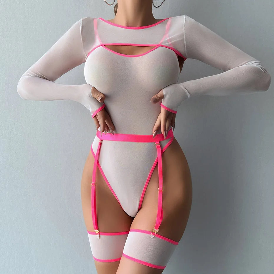 Transparent Bodysuit - Open Crotch Teddy Nightgown For Women | Mint Green | Medium