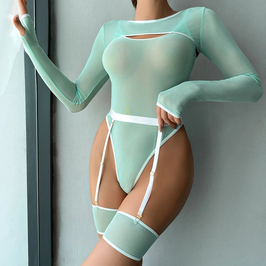 Transparent Bodysuit - Open Crotch Teddy Nightgown For Women | Mint Green | Small