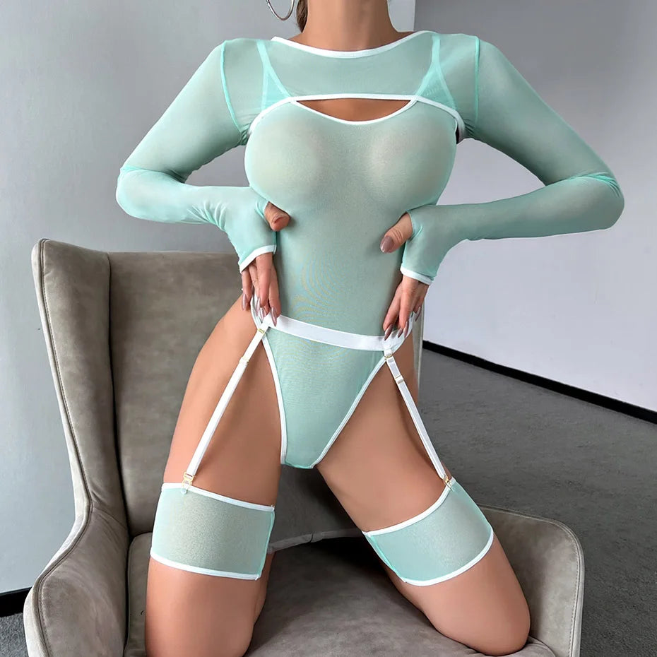 Transparent Bodysuit - Open Crotch Teddy Nightgown For Women | Mint Green | Small