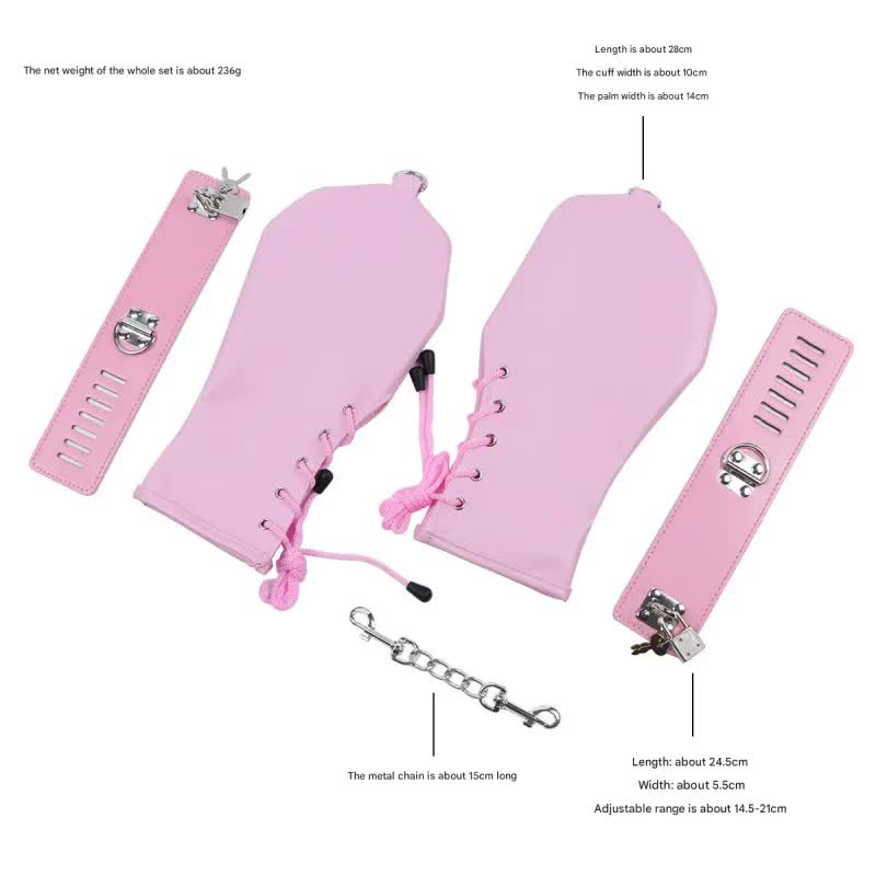 PU Leather Padded Bondage Mitts with Locking Straps & Connecting Chain - Playful Adult Set(Pink)