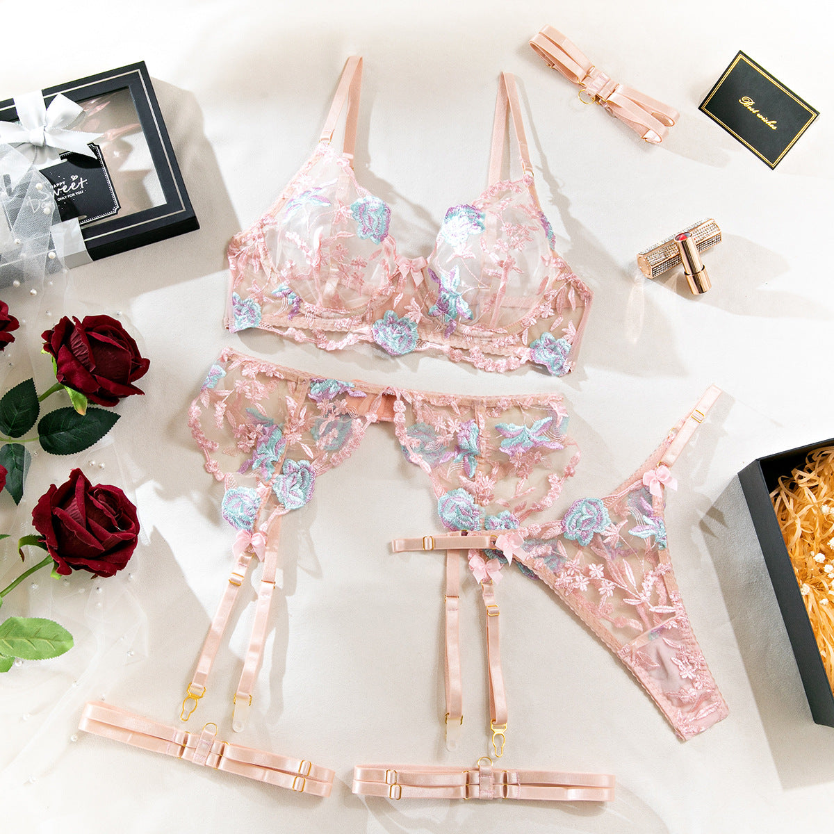 S Pink Sexy Sheer Floral Embroidery Lingerie Set - Open-Butt Shapewear Five-Piece Set