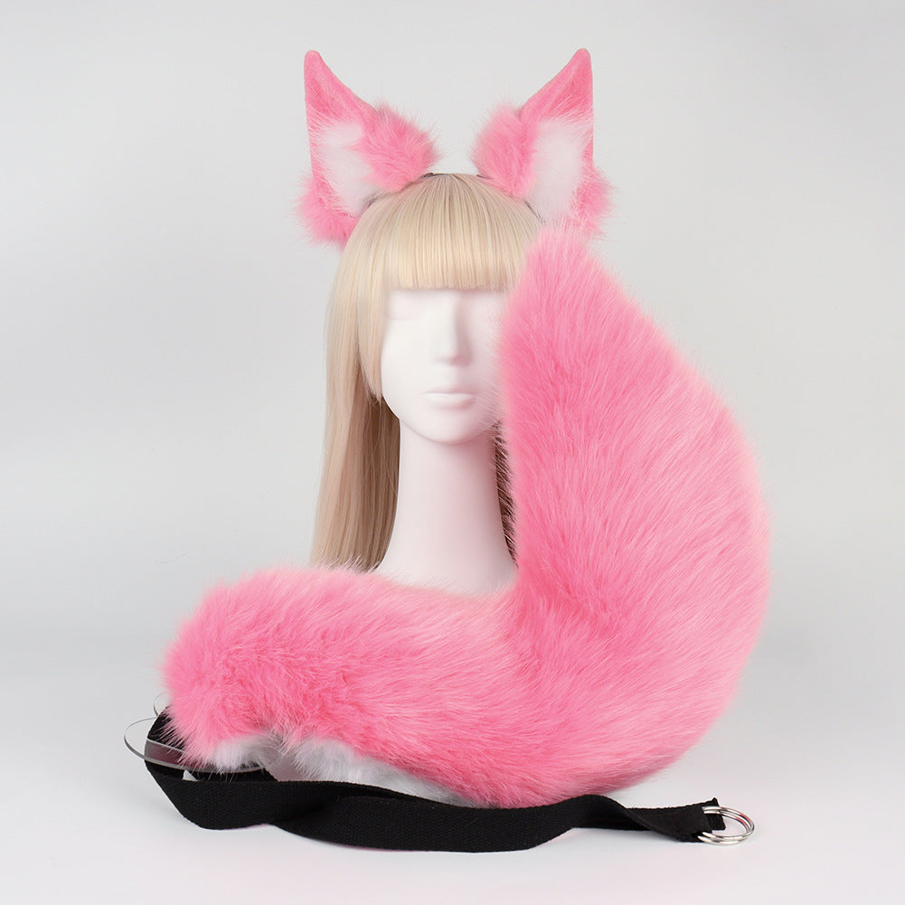 Pink Plush Faux Fur Fox Ears Headband and Tail Set - Realistic Animal Costume for Cosplay & Parties
