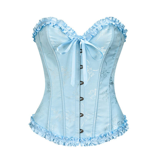 2XL Blue Women's Floral Lace Overbust Corset - Waist Cincher Bustier Top for Shapewear & Costume